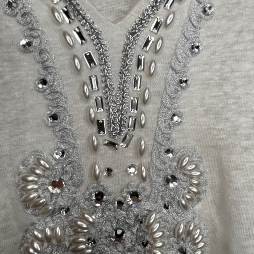 INC International Concepts XXL Linen Embellished Silver Pearl V-Neck Top - Picture 6 of 15